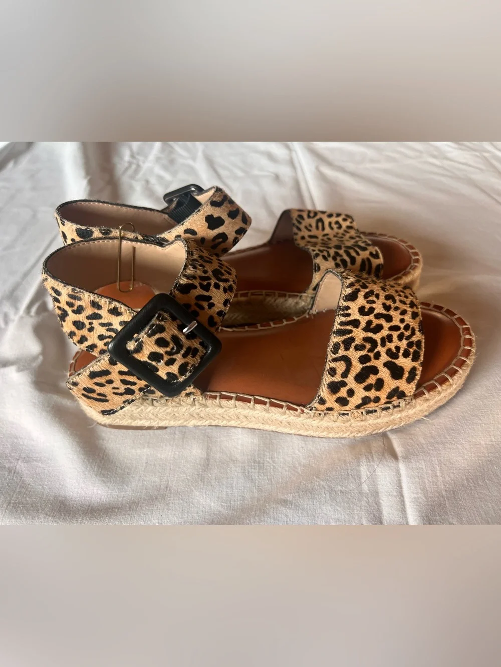 Gianni Bini Leopard Print Espadrille Wedge Sandals with Black Buckle
